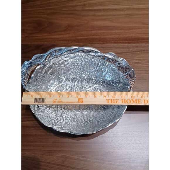 Polished Pewter 12" 3D Grape Vine Basket With Handle and Serving Fork And Spoon - Picture 7 of 9